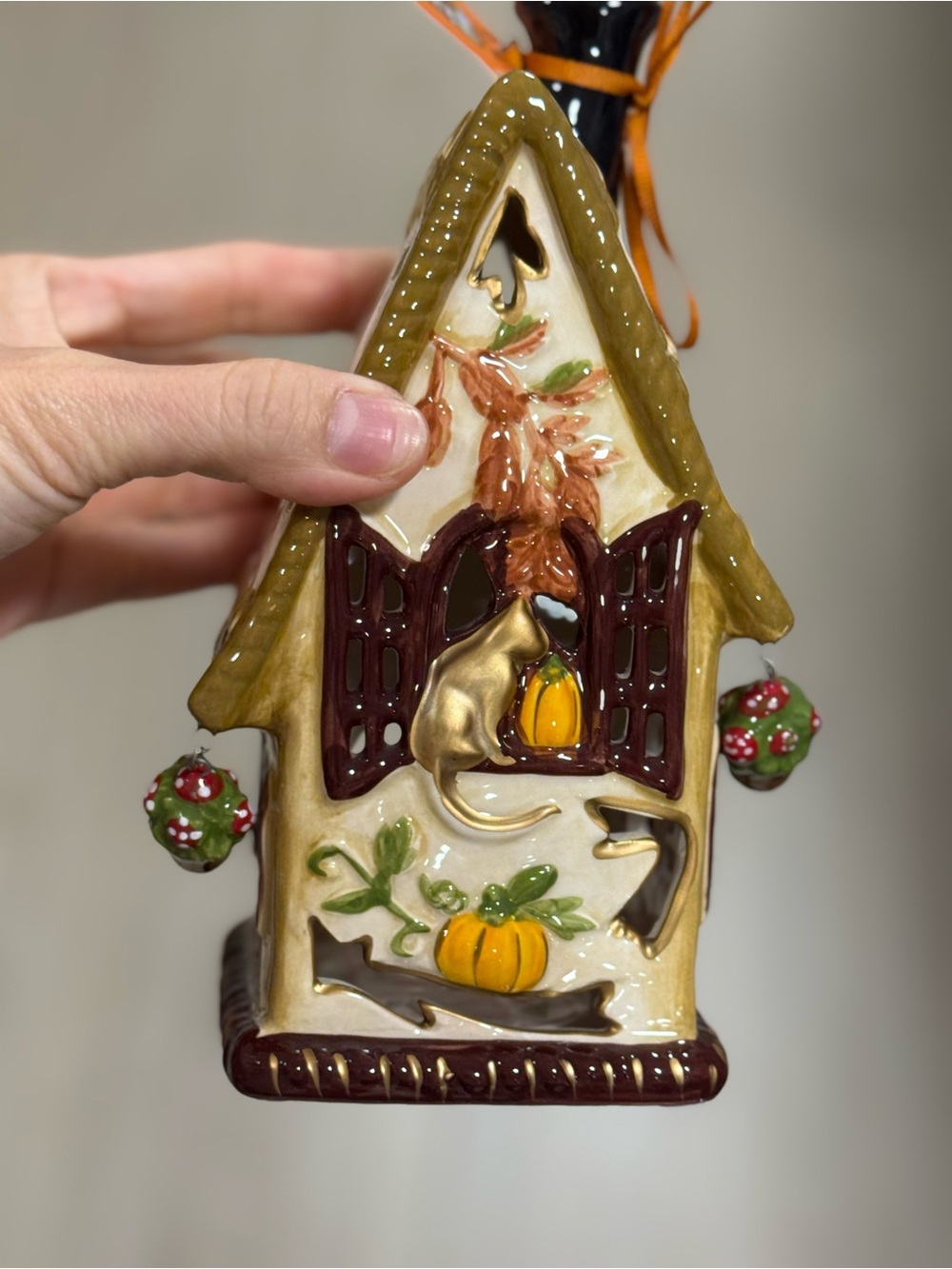 Blue Sky Autumn Pumpkin Cat Ceramic Hanging Ornament - Olive & Cream